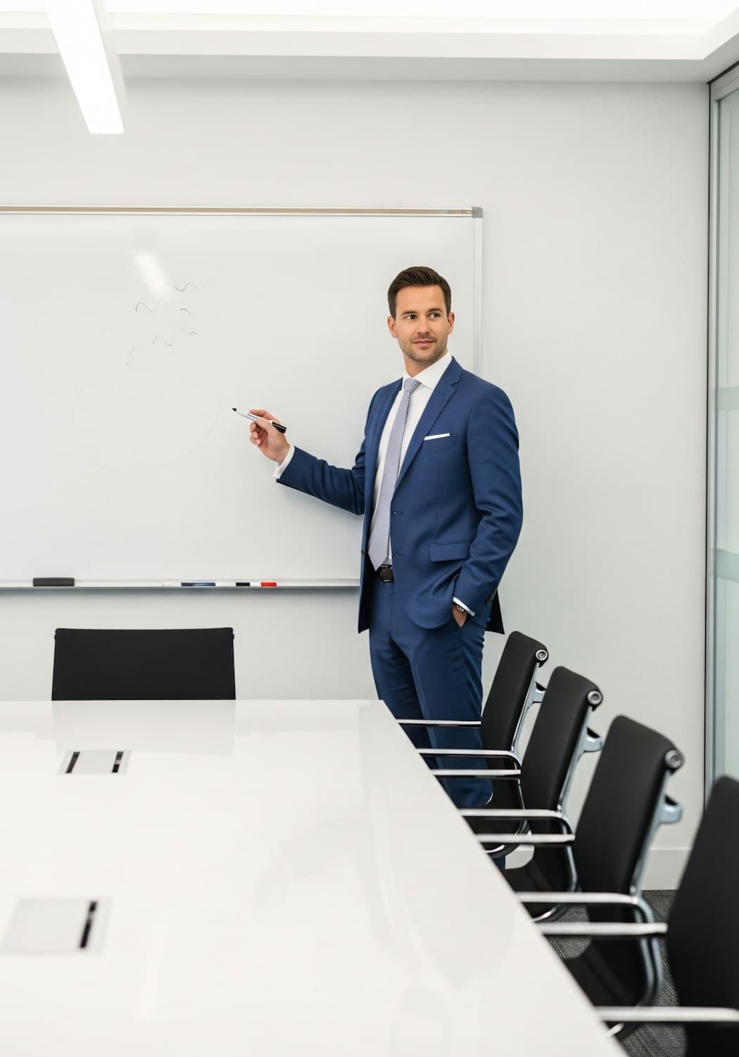 A speaker leading a strategy workshop at a whiteboard