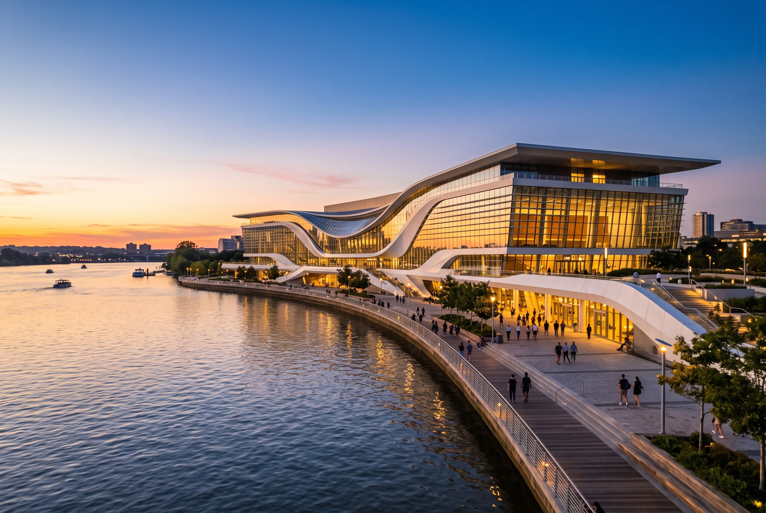 Tejo Convention Centre on the Lisbon riverfront at sunset